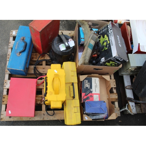 1315 - Collection of tools, battery charger, wood planes, compressor, boxed belt sander, etc