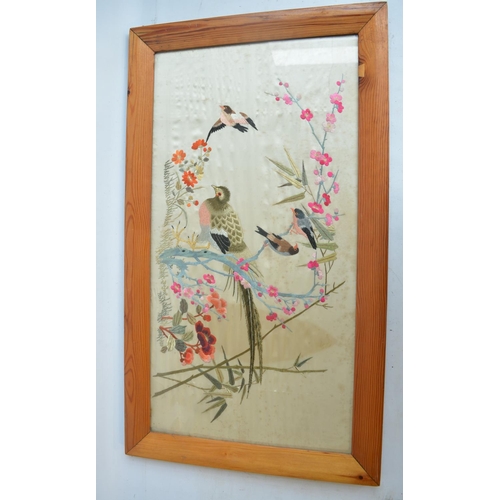 134 - Framed vintage silk embroidered picture of birds with background, 95cm x 54cm