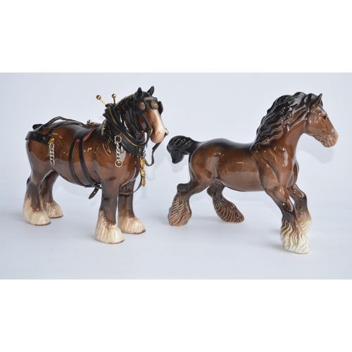 191 - Two Beswick Shire horses in undamaged condition, one with wagon tack