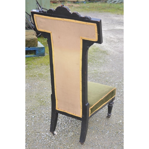 215 - Victorian ebonised nursing chair with needle and beadwork back panel, velvet seat on turned tapering... 