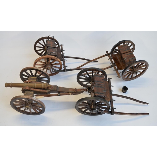 228 - Attractive large scale model cannon with 3 munitions carts. Cannon itself in brass, overall length o... 