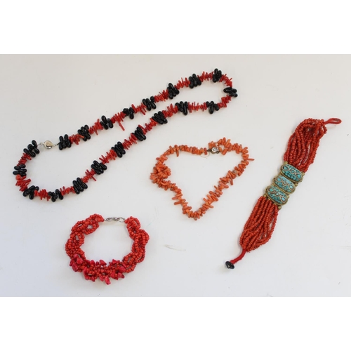 1324 - Two coral necklaces together with two similar bracelets, (4)