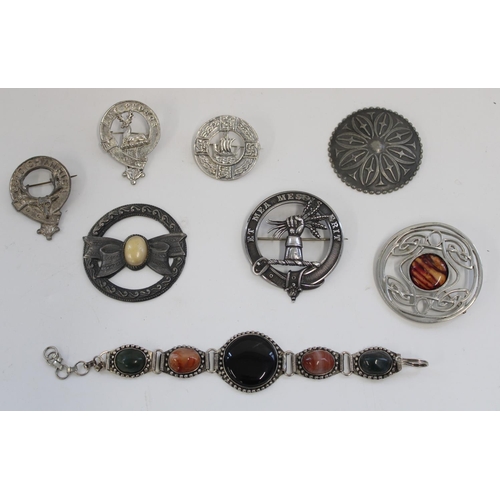 1325 - Scottish and Celtic revival white metal cloak pins and brooches and a white metal and polished agate... 