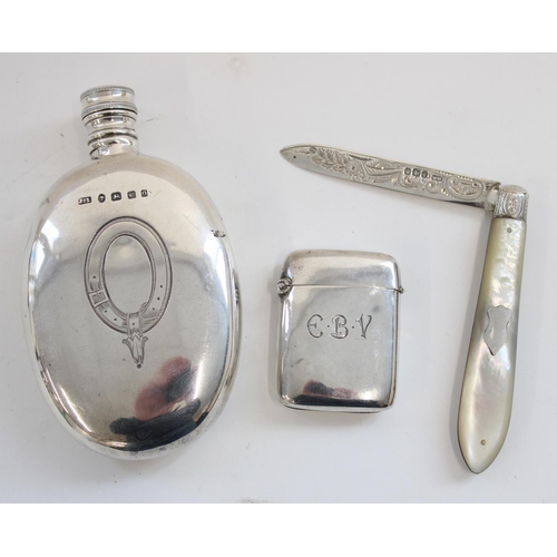 1330 - Victorian hallmarked silver oval hip flask, John Linegar Birmingham 1863, silver vesta case and a mo... 