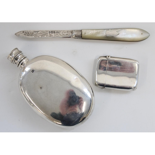 1330 - Victorian hallmarked silver oval hip flask, John Linegar Birmingham 1863, silver vesta case and a mo... 