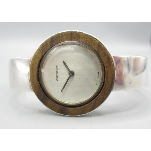 1336 - Jean Renet ladies silver wristwatch, inset hardwood bezel on integral hinged bracelet hallmarked .92... 