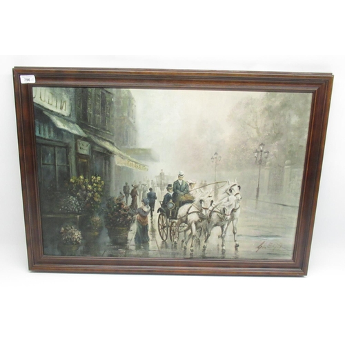 796 - Two large oil on canvas pictures, signed Glenn - Parisian street scene, 75x49.5cm, and galleon in ha... 