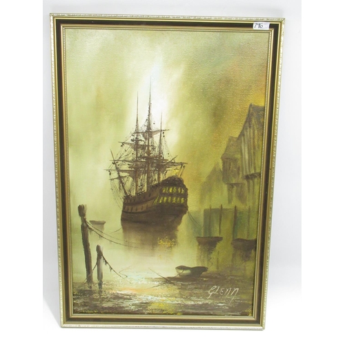 796 - Two large oil on canvas pictures, signed Glenn - Parisian street scene, 75x49.5cm, and galleon in ha... 