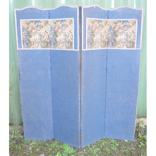 1362 - C20th three fold screen with floral machine panels. H685cm