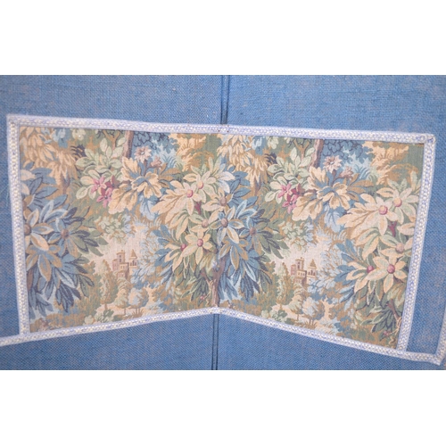 1362 - C20th three fold screen with floral machine panels. H685cm