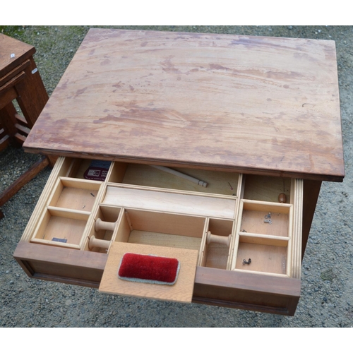 220 - Early C20th walnut 2 drawer sewing table, upper draw with fitted interior, with X shaped under stret... 