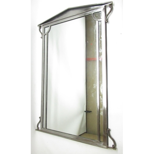 1252 - Contemporary Art Deco style polished metal framed wall mirror, H108cm x W73cm