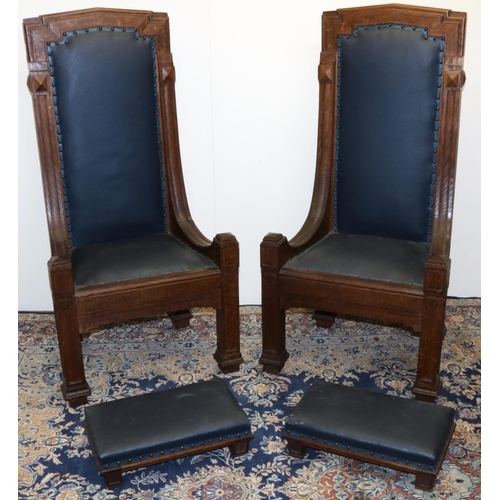 1403 - Pair of C20th Gothic Revival oak throne type chairs, moulded frames with angular arched backs, down ... 