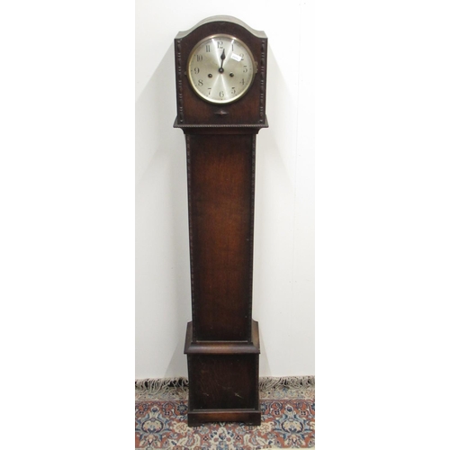 365 - Small C20th continental oak longcase clock of, silvered Arabic dial, two train striking movement on ... 