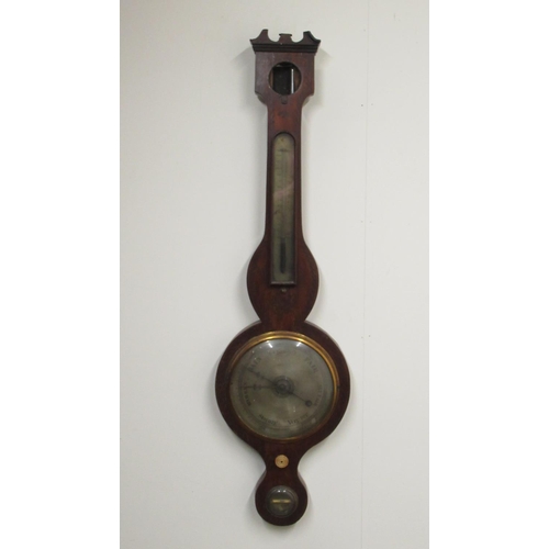 366 - C19th mahogany wheel barometer with painted decoration, silvered dial, thermometer box and level. (l... 