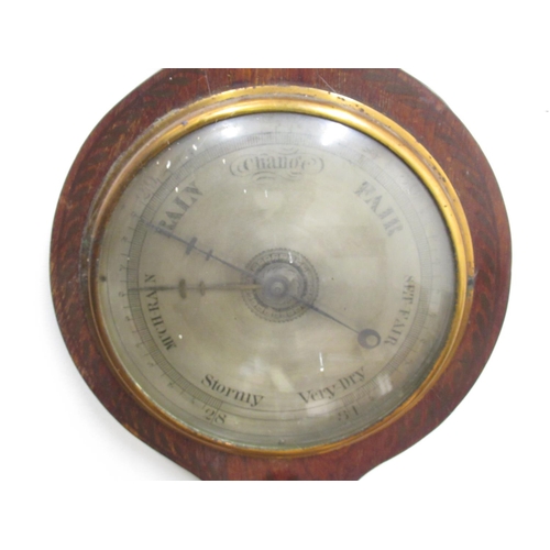 366 - C19th mahogany wheel barometer with painted decoration, silvered dial, thermometer box and level. (l... 