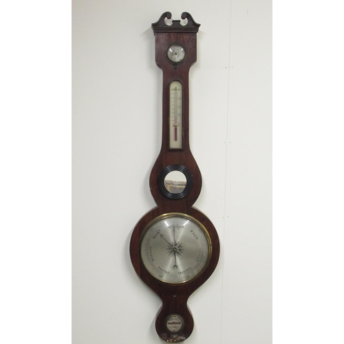 367 - C19th mahogany wheel barometer with swan neck pediment, silvered dial, dry damp indicator, thermomet... 