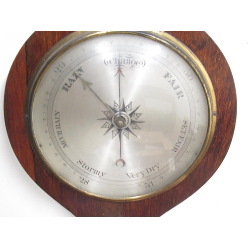 367 - C19th mahogany wheel barometer with swan neck pediment, silvered dial, dry damp indicator, thermomet... 