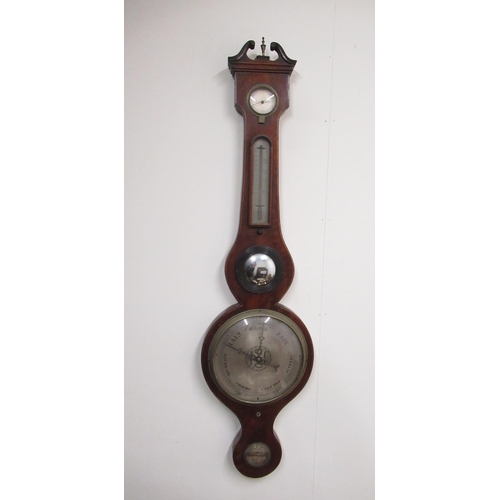 369 - A. Vanini, Sheffield - C19th inlaid mahogany wheel barometer, swan neck pediment with boxwood string... 