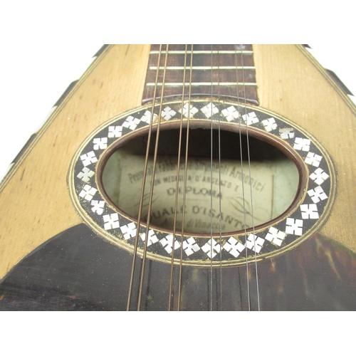 378 - C20th Italian rosewood mandolin with ebony and Mother of Pearl inlay, bearing makes label L61cm