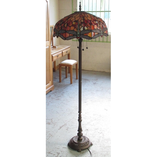 1260 - Edwardian style patinated metal three light floor lamp with large Tiffany style lamp shade