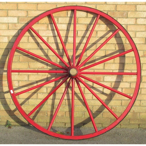 875 - Large Merryweather of London double spoked steel Fire Engine whee, red painted with with polished br... 