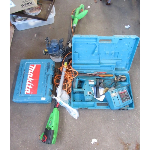 1299 - Electric pruning chainsaw, Makita BHR200 drill, Router, 12v drill, electric bench grinder