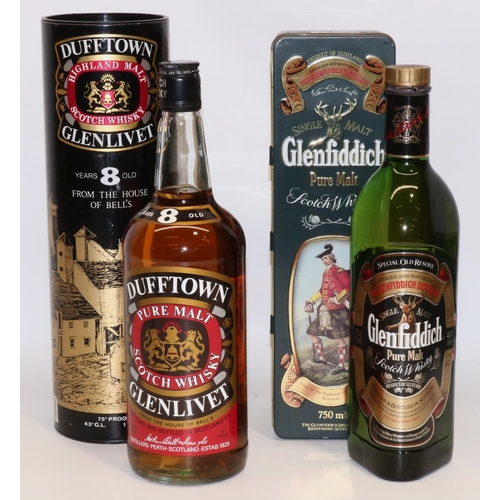 1300 - Dufftown Glenlivet Highland Malt Scotch Whisky, 8 Years Old, 1ltr 43GL in tube, and Glenfiddich Sing... 