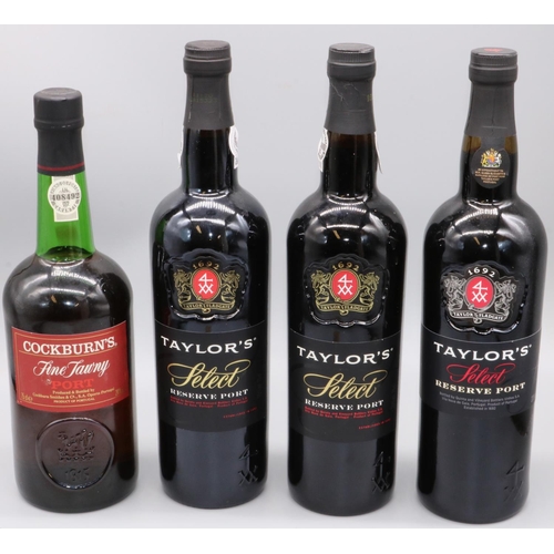 1295 - Three Taylor's Select Reserve Port, Cockburn's Fine Tawny Port, all 75cl 20%vol, 4btls