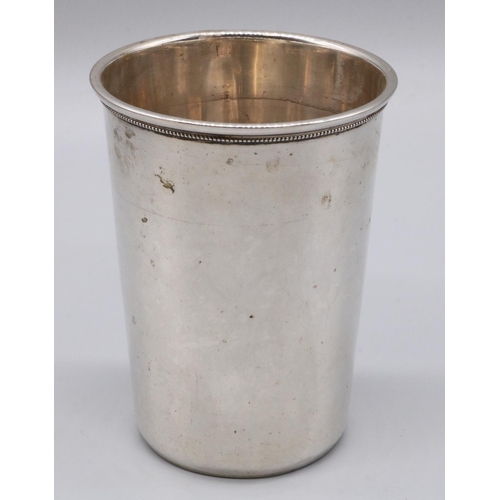 1093 - C20th Danish Arts silver beaker, plain tapered body with beaded rim, stamped M. Ballins HB AT S826, ... 