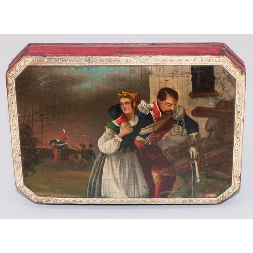 1128 - Early C19th Palais Royal style gilt tooled red leather etui, the slightly domed lid painted with a w... 