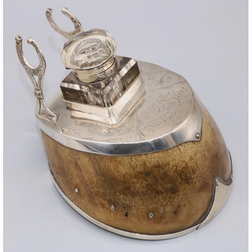 1078 - Victorian hallmarked silver mounted horse hoof inkstand, the square glass well with hinged lid, with... 