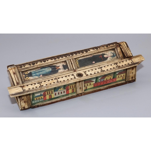 1138 - C19th carved bone prisoner of war work sarcophagus shaped games compendium, decorated with painted p... 