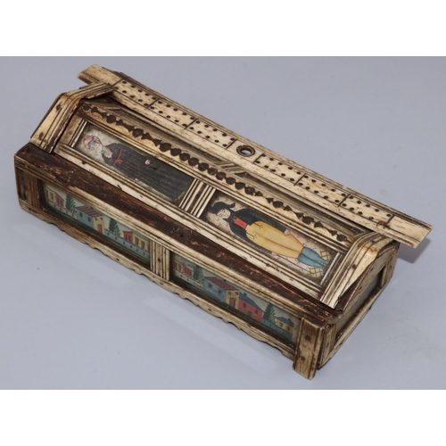 1138 - C19th carved bone prisoner of war work sarcophagus shaped games compendium, decorated with painted p... 