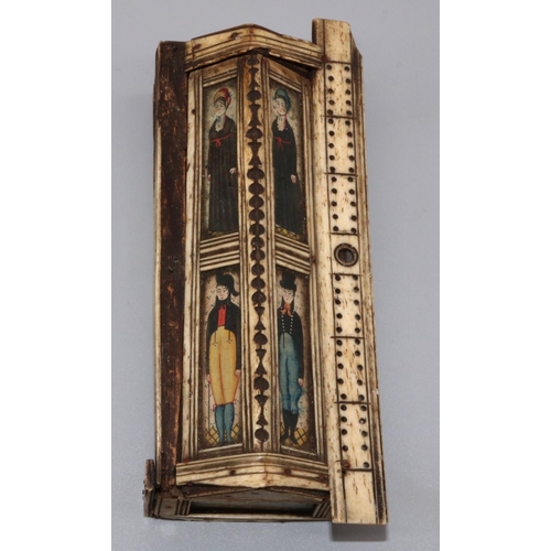 1138 - C19th carved bone prisoner of war work sarcophagus shaped games compendium, decorated with painted p... 