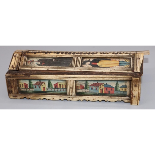 1138 - C19th carved bone prisoner of war work sarcophagus shaped games compendium, decorated with painted p... 