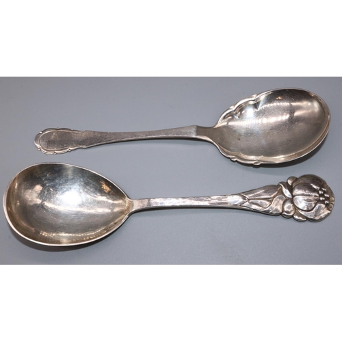 1088 - C20th Danish Silver serving spoon, with stylized fruit and planished handle and bowl, stamped Matthi... 