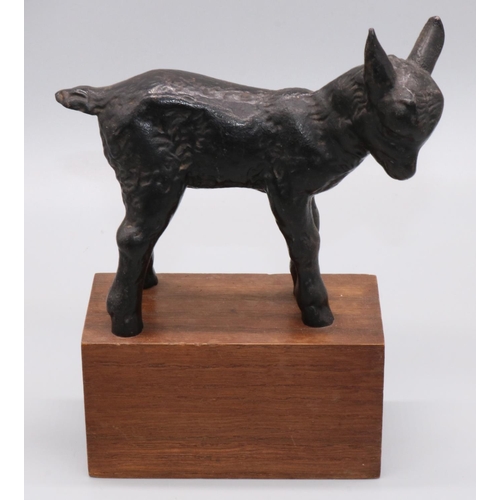 1155 - C20th cast iron model of a Goat kid, on rectangular oak plinth stamped SHW Wasseralfingen, H18cm L14... 