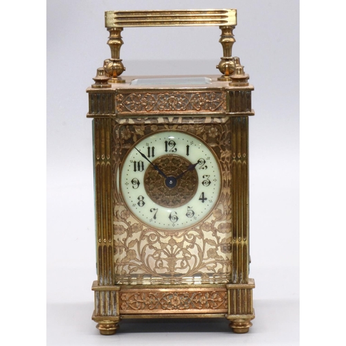 1274 - C19th French brass carriage timepiece, case with stop fluted column supports and blind fret panels, ... 