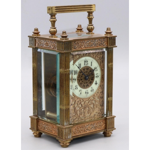 1274 - C19th French brass carriage timepiece, case with stop fluted column supports and blind fret panels, ... 