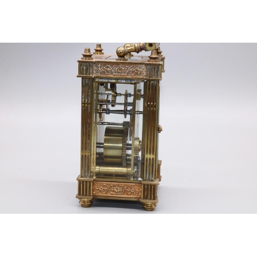 1274 - C19th French brass carriage timepiece, case with stop fluted column supports and blind fret panels, ... 