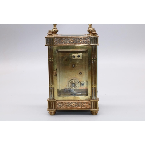 1274 - C19th French brass carriage timepiece, case with stop fluted column supports and blind fret panels, ... 