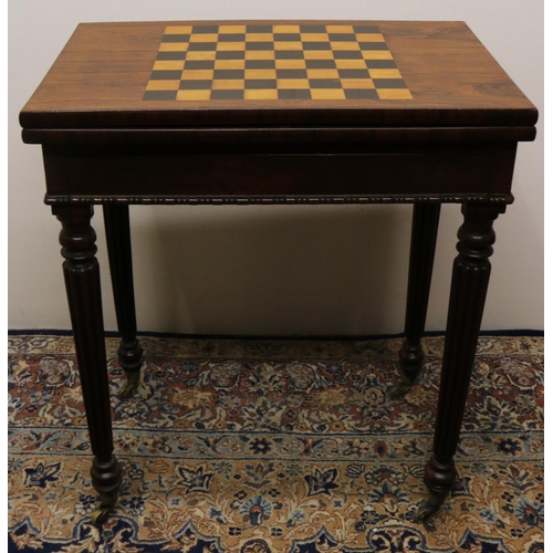 1405 - C19th Gillows style rosewood games table, swivel folding boxwood and ebonised baize lined chessboard... 