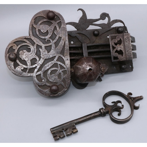 1102 - C17th style continental steel door lock, fretwork decorated with animals and scrolls, turn key tripl... 