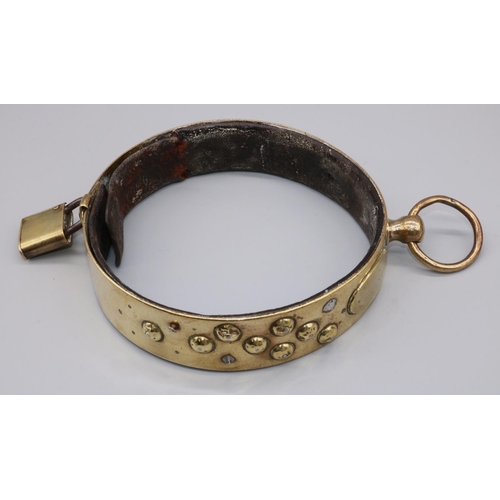 1176 - C19th leather lined brass adjustable dog collar, with studded decoration, vacant cartouche, ring and... 