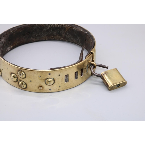 1176 - C19th leather lined brass adjustable dog collar, with studded decoration, vacant cartouche, ring and... 