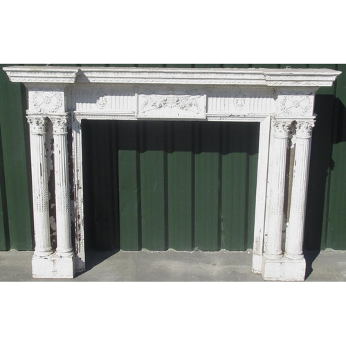 1423 - C19th George 111 style later painted carved wood and gesso inverted breakfront fire surround, with t... 