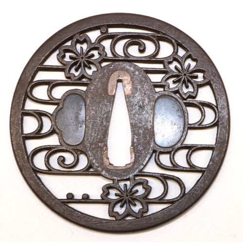 1208 - Japanese Sukashi iron tsuba to fit Katana, with cherry blossom on water design and signiture marks, ... 