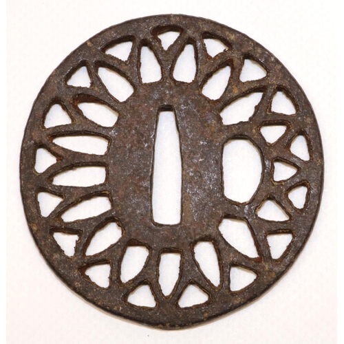 1222 - Japanese Muromachi period (C14th) Mumei Sukashi iron tsuba to fit Wakizashi, with 17 petal Chrysanth... 