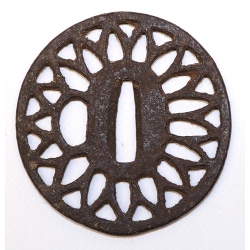 1222 - Japanese Muromachi period (C14th) Mumei Sukashi iron tsuba to fit Wakizashi, with 17 petal Chrysanth... 